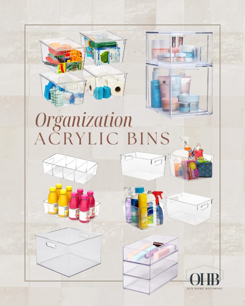 Compilation of acrylic bins styled with drinks, cleaning supplies, beauty products, and games.