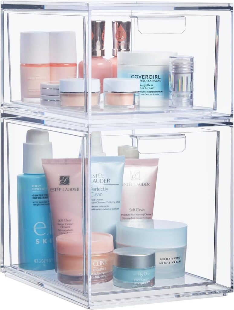 Stacked acrylic bins with beauty products inside.