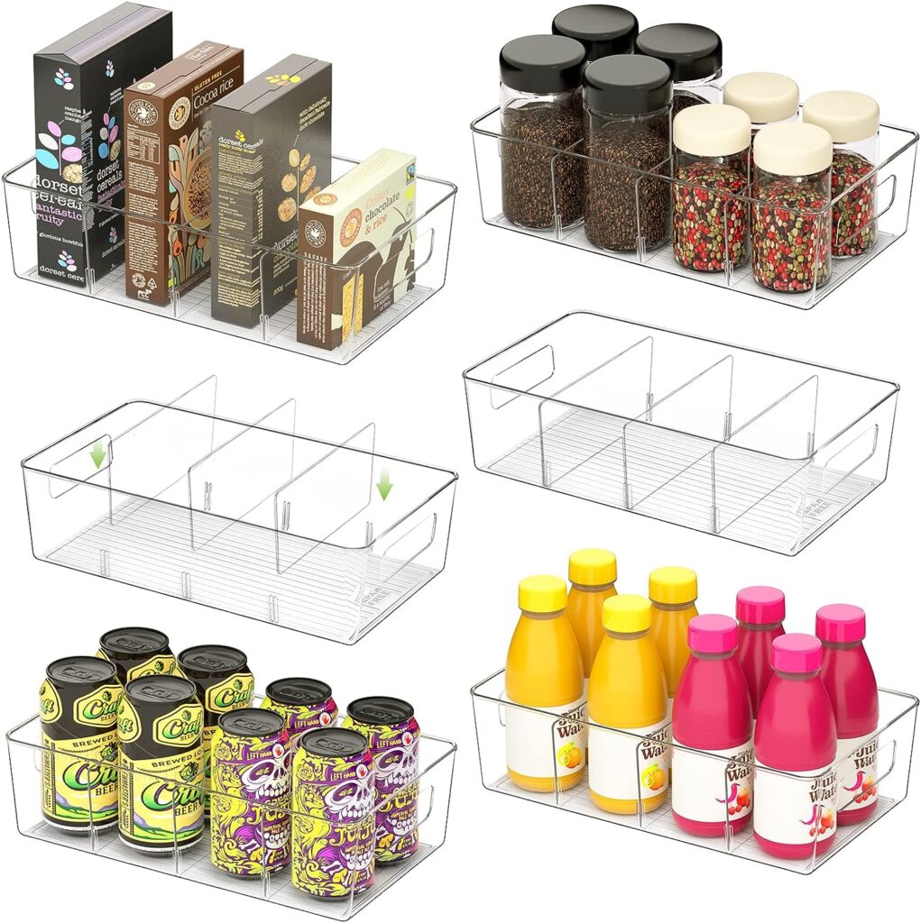 Set of 6 organizer bins with drinks and boxed goods styled inside.