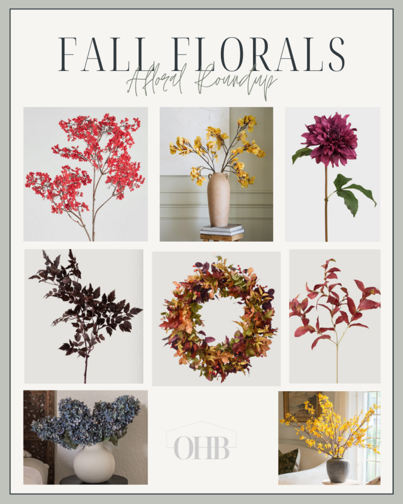 Collage of fall faux florals in varying colors and types. 