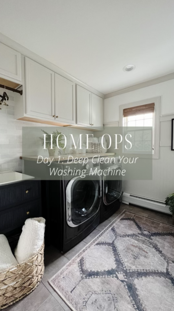 Styled image of laundry room with text overlay writing HOME OPS Day 1: Deep Clean Your Washing Machine