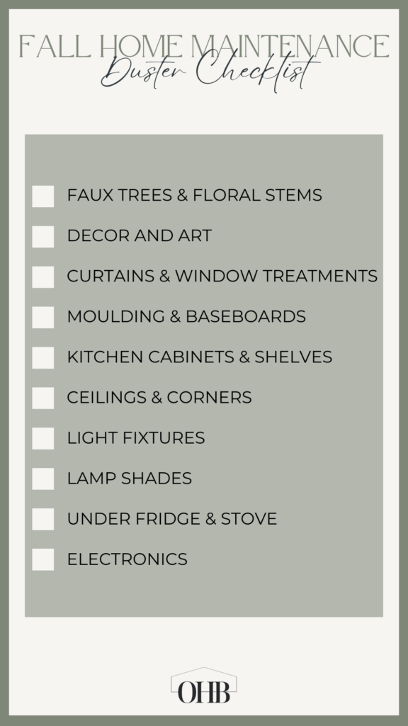 Checklist of items to dust as described in further detail in the blog post.