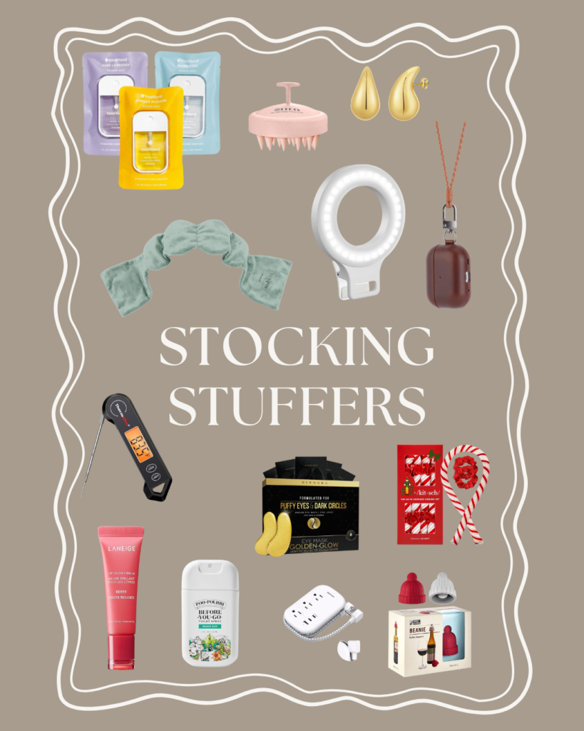 Stocking stuffer collage with giftable items.